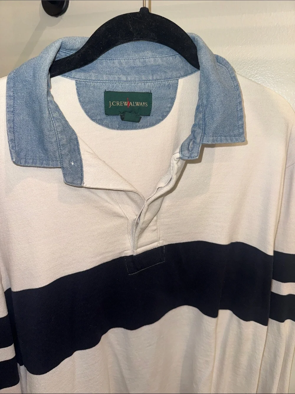 Vintage J. Crew Long-Sleeve Rugby Shirt Navy Stripe and Chambray Collar